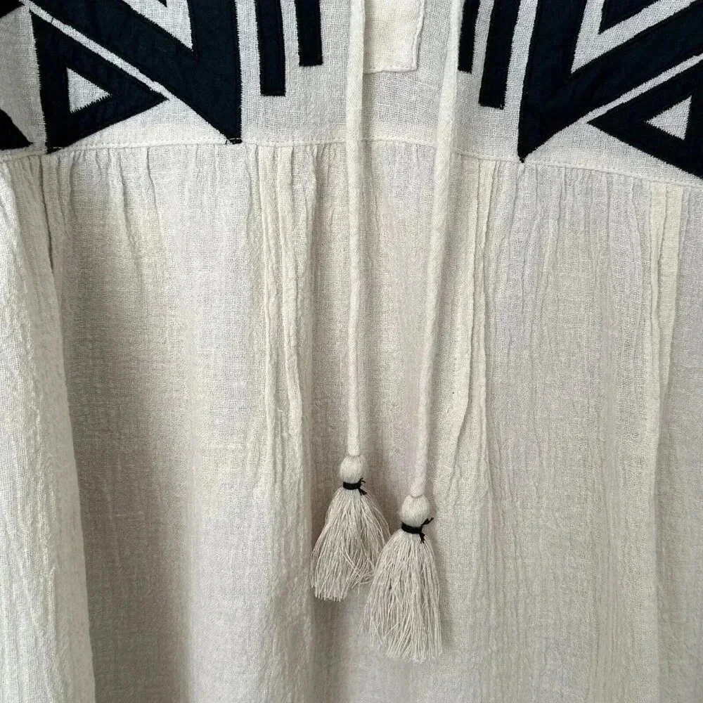 See And Be Seen Top Womens Small Cream Black Gauzy Geometric Peasant Boho Blouse - Picture 11 of 16
